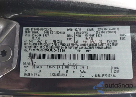 2018 Ford Escape Sel из США, поврежденный, VIN 1FMCU0HD6JUD46889